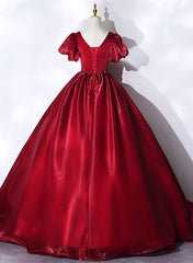 Wine Red V-neckline Beaded Ball Gown Prom Dresses, Wine Red Sweet 16 Dresses