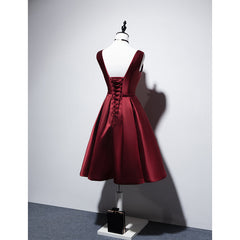 Wine Red V-neckline Satin Lace-up Homecoming Dresses, Short Prom Dresses