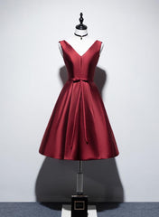 Wine Red V-neckline Satin Lace-up Homecoming Dresses, Short Prom Dresses