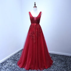 Wine Red V-neckline Tulle Long Prom Dresses, Dark Red Floor Length Party Dresses, Bridesmaid Dresses