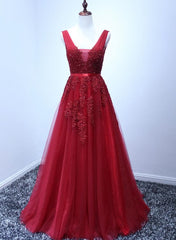 Wine Red V-neckline Tulle Long Prom Dresses, Dark Red Floor Length Party Dresses, Bridesmaid Dresses