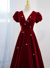 Wine Red V-neckline Velvet Prom Dresses Party Dresses, A-line Wedding Party Dresses