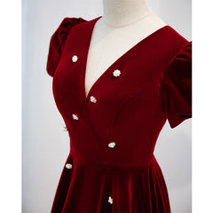 Wine Red V-neckline Velvet Prom Dresses Party Dresses, A-line Wedding Party Dresses