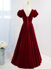 Wine Red V-neckline Velvet Prom Dresses Party Dresses, A-line Wedding Party Dresses