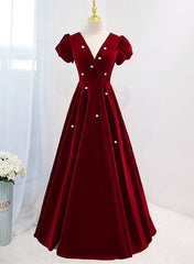 Wine Red V-neckline Velvet Prom Dresses Party Dresses, A-line Wedding Party Dresses