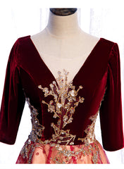 Wine Red Velvet 1/2 Sleeves Long Party Dresses with Lace, A-line Junior Prom Dresses