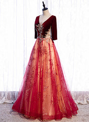 Wine Red Velvet 1/2 Sleeves Long Party Dresses with Lace, A-line Junior Prom Dresses