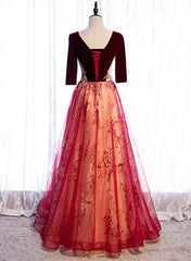 Wine Red Velvet 1/2 Sleeves Long Party Dresses with Lace, A-line Junior Prom Dresses