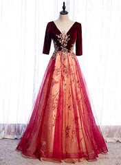 Wine Red Velvet 1/2 Sleeves Long Party Dresses with Lace, A-line Junior Prom Dresses