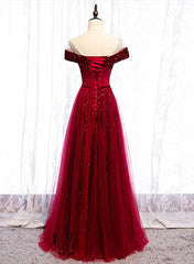 Wine Red Velvet and Tulle Long Prom Dresses, A-line Wine Red Floor Length Prom Dresses