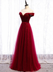 Wine Red Velvet and Tulle Long Prom Dresses, A-line Wine Red Floor Length Prom Dresses