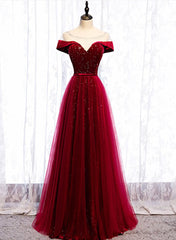 Wine Red Velvet and Tulle Long Prom Dresses, A-line Wine Red Floor Length Prom Dresses