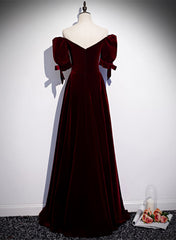 Wine Red Velvet Floor Length Short Sleeves Party Dresses, A-line Wine Red Bridesmaid Dresses