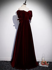 Wine Red Velvet Floor Length Short Sleeves Party Dresses, A-line Wine Red Bridesmaid Dresses