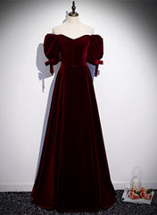 Wine Red Velvet Floor Length Short Sleeves Party Dresses, A-line Wine Red Bridesmaid Dresses