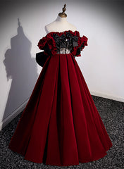 Wine Red Velvet Off Shoulder Party Dresses, A-line Floor Length Prom Dresses