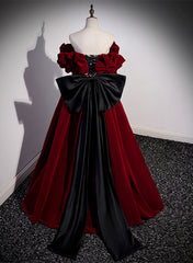 Wine Red Velvet Off Shoulder Party Dresses, A-line Floor Length Prom Dresses