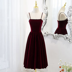 Wine Red Velvet Short Simple Wedding Party Dresses, Dark Red Homecoming Dresses