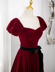 Wine Red Velvet Short Sleeves A-line Prom Dresses, Wine Red Long Party Dresses