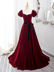 Wine Red Velvet Short Sleeves A-line Prom Dresses, Wine Red Long Party Dresses