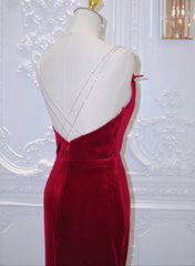 Wine Red Velvet Straps Cross Back Long Party Dresses, Wine Red Velvet Prom Dresses