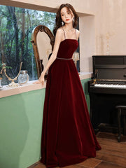 Wine Red Velvet Straps Long Party Dresses with Bow, Wine Red Prom Dresses