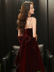 Wine Red Velvet Straps Long Party Dresses with Bow, Wine Red Prom Dresses