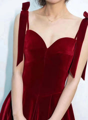 Wine Red Velvet Straps Sweetheart Long Prom Dresses, Wine Red Velvet Evening Dresses