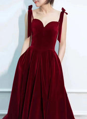 Wine Red Velvet Straps Sweetheart Long Prom Dresses, Wine Red Velvet Evening Dresses