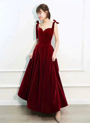 Wine Red Velvet Straps Sweetheart Long Prom Dresses, Wine Red Velvet Evening Dresses