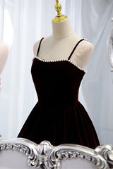 Wine Red Velvet Tea Length Party Dresses, Wine Red Straps Homecoming Dresses