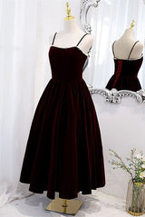 Wine Red Velvet Tea Length Party Dresses, Wine Red Straps Homecoming Dresses