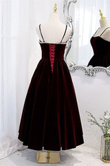 Wine Red Velvet Tea Length Party Dresses, Wine Red Straps Homecoming Dresses