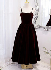 Wine Red Velvet Tea Length Party Dresses, Wine Red Straps Homecoming Dresses