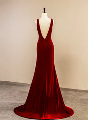 Wine Red Velvet V-neckline Long Party Dresses, A-line Velvet Evening Dresses with Slit