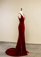 Wine Red Velvet V-neckline Long Party Dresses, A-line Velvet Evening Dresses with Slit