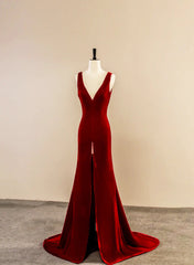 Wine Red Velvet V-neckline Long Party Dresses, A-line Velvet Evening Dresses with Slit