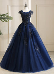 With Find Navy Blue Ball Gown Tulle Appliques Beading Cap Sleeve Quinceanera Dresses