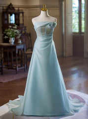 Women Blue Strapless Long Prom Dresses