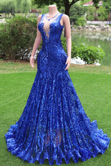 Kvinner Sequined Royal Blue Prom Dresses Sleokeless Cocktail Party Gowns Light Luxury Luxury Evening Dresses