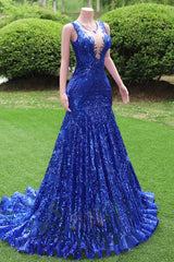 Kvinner Sequined Royal Blue Prom Dresses Sleokeless Cocktail Party Gowns Light Luxury Luxury Evening Dresses