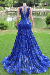 Женщины Sequined Royal Blue Promes платья без рукавов коктейльные платья легкие роскошные вечерние платья