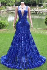 Kvinner Sequined Royal Blue Prom Dresses Sleokeless Cocktail Party Gowns Light Luxury Luxury Evening Dresses