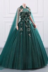 Kvinnors pärlor Applique Tulle Emerald Green Prom Ball-klänningar Quinceanera klänning a-line bröllop brudtärna jämnt klänningar