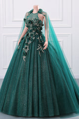 Kvinnors pärlor Applique Tulle Emerald Green Prom Ball-klänningar Quinceanera klänning a-line bröllop brudtärna jämnt klänningar