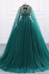 Kvinnors pärlor Applique Tulle Emerald Green Prom Ball-klänningar Quinceanera klänning a-line bröllop brudtärna jämnt klänningar