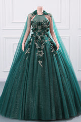 Kvinnors pärlor Applique Tulle Emerald Green Prom Ball-klänningar Quinceanera klänning a-line bröllop brudtärna jämnt klänningar