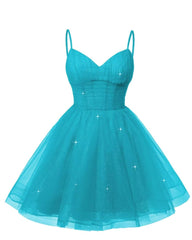 Dames V Neck Tulle Spaghetti Barken Aqua Blue Homecoming -jurken met korset terug korte promjurken voor tieners