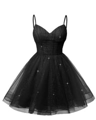 Womens V Neck Tulle Spaghetti Straps Black Homecoming Dresses with Corset Back Short Prom Gowns for Teens