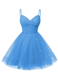 Dames V Neck Tulle Spaghetti Riraps Blue Homecoming -jurken met korset terug korte prom -jurken voor tieners